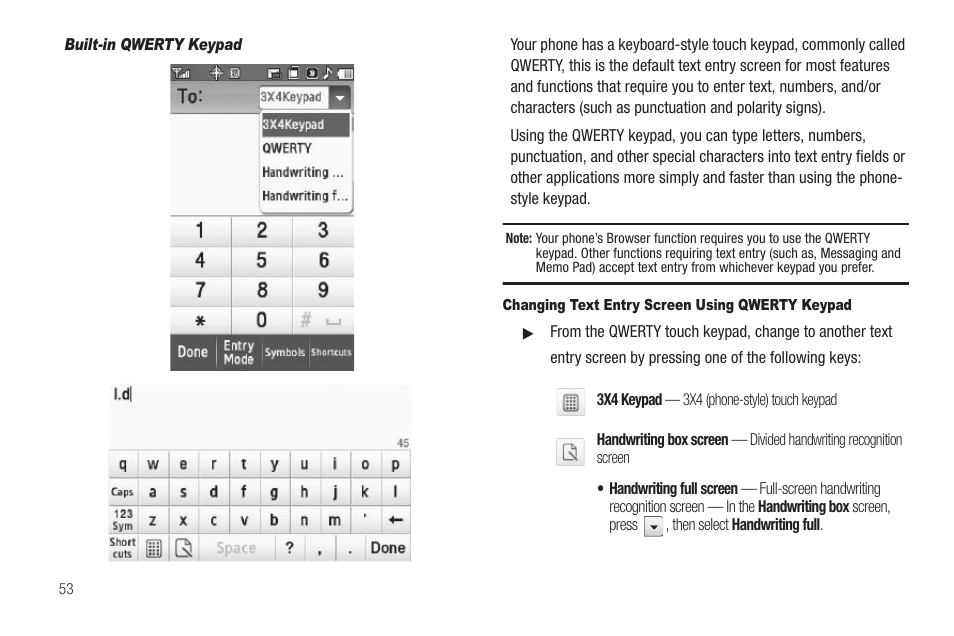 Changing text entry screen using qwerty keypad | Samsung SCH-R810ZKAXAR User Manual | Page 56 / 191