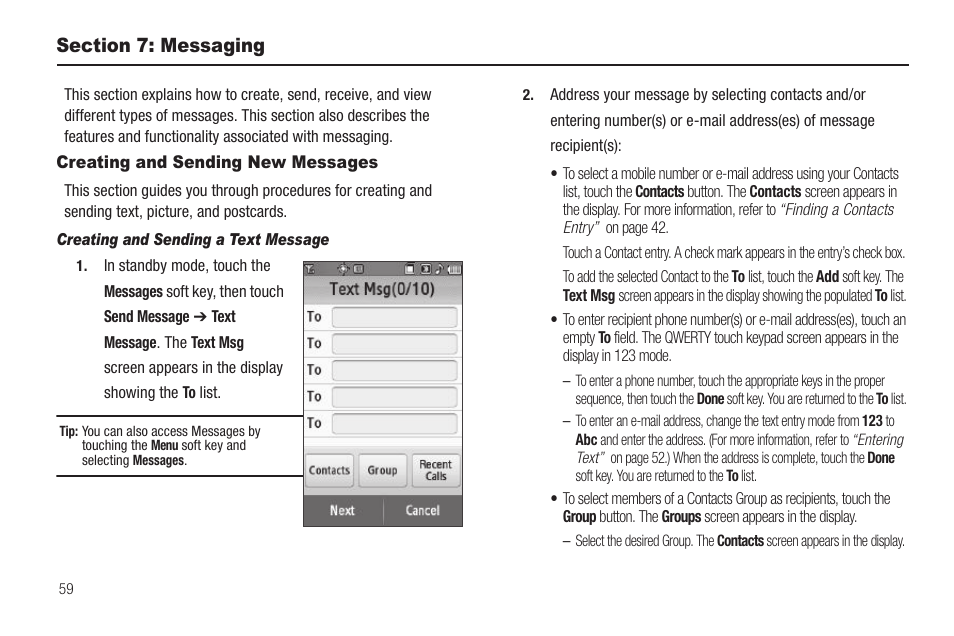 Section 7: messaging, Creating and sending new messages, Creating and sending a text message | Samsung SCH-R810ZKAXAR User Manual | Page 62 / 191