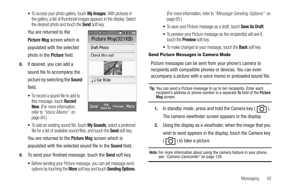 Send picture messages in camera mode | Samsung SCH-R810ZKAXAR User Manual | Page 65 / 191