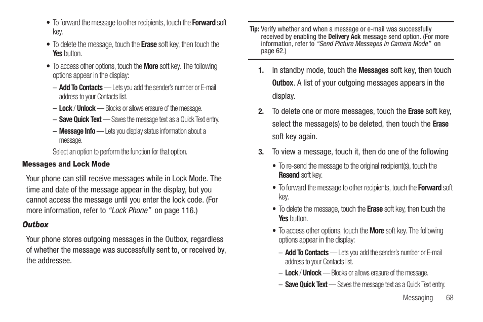 Messages and lock mode, Outbox | Samsung SCH-R810ZKAXAR User Manual | Page 71 / 191