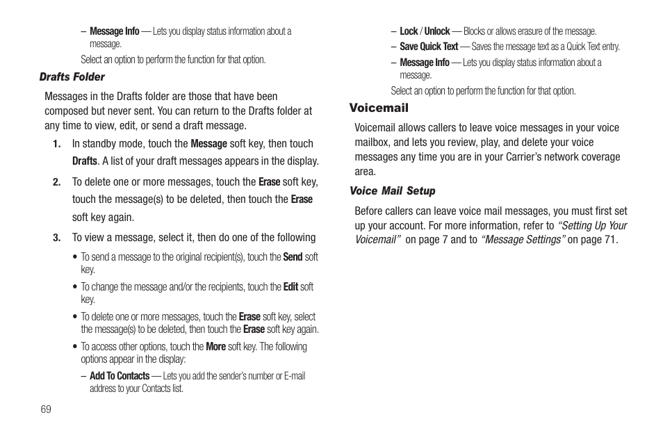 Drafts folder, Voicemail, Voice mail setup | Samsung SCH-R810ZKAXAR User Manual | Page 72 / 191