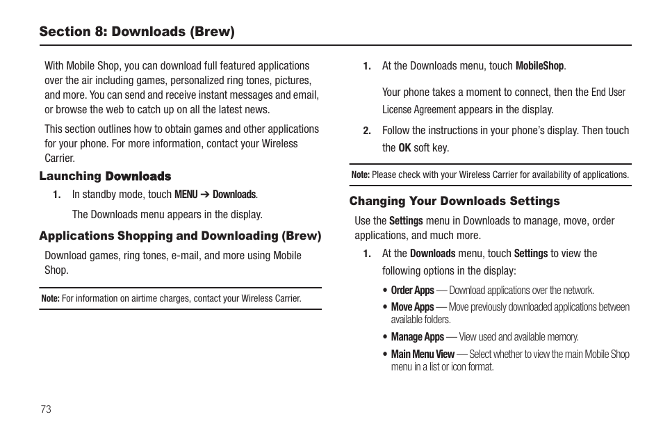 Section 8: downloads (brew), Launching downloads, Applications shopping and downloading (brew) | Changing your downloads settings | Samsung SCH-R810ZKAXAR User Manual | Page 76 / 191