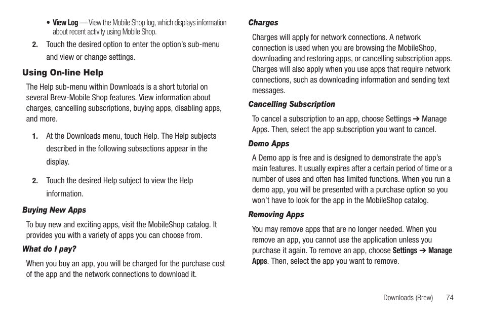 Using on-line help, Buying new apps, What do i pay | Charges, Cancelling subscription, Demo apps, Removing apps | Samsung SCH-R810ZKAXAR User Manual | Page 77 / 191