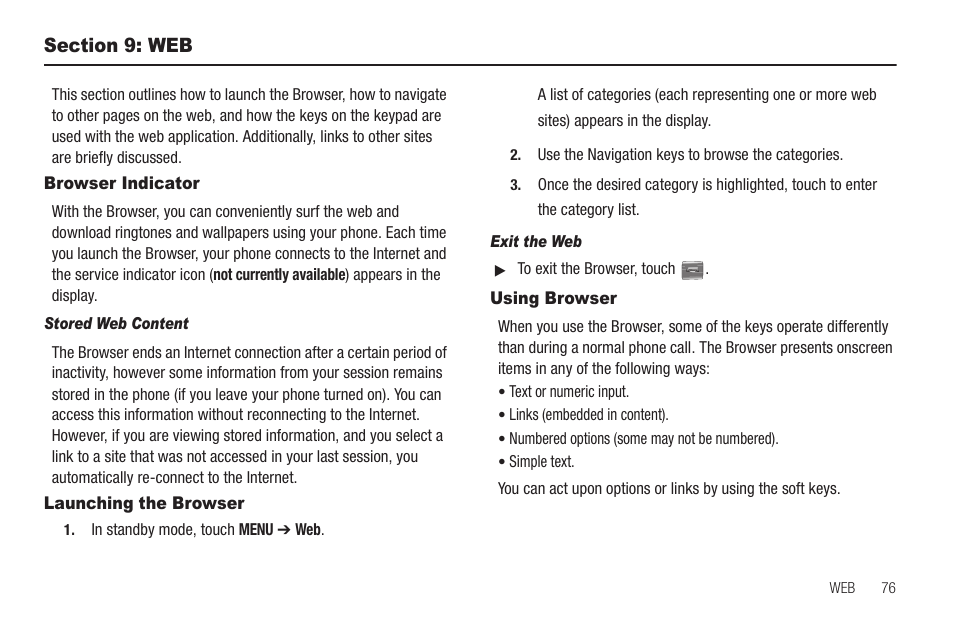 Section 9: web, Browser indicator, Stored web content | Launching the browser, Exit the web, Using browser | Samsung SCH-R810ZKAXAR User Manual | Page 79 / 191