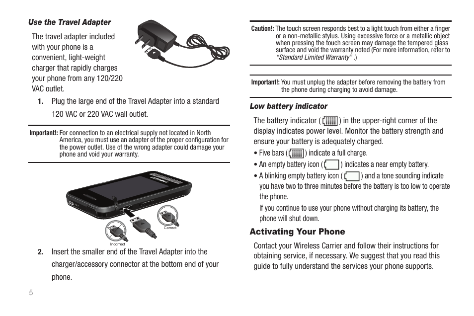 Use the travel adapter, Low battery indicator, Activating your phone | Samsung SCH-R810ZKAXAR User Manual | Page 8 / 191