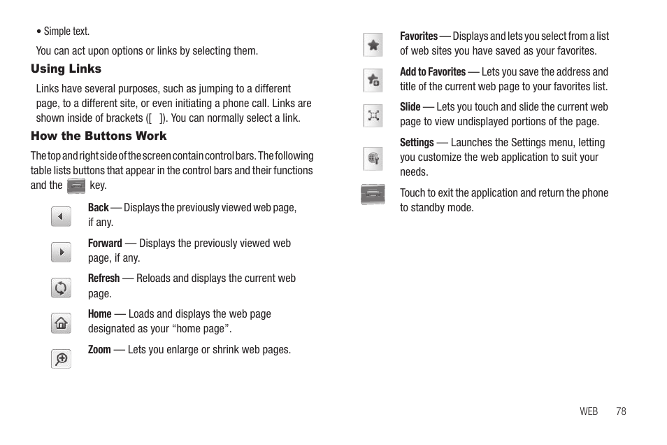 Using links, How the buttons work, Using links how the buttons work | Samsung SCH-R810ZKAXAR User Manual | Page 81 / 191