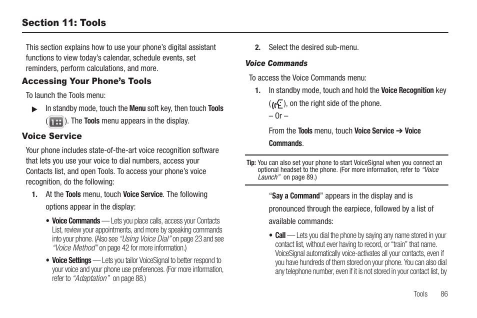 Section 11: tools, Accessing your phone’s tools, Voice service | Voice commands, Accessing your phone’s tools voice service | Samsung SCH-R810ZKAXAR User Manual | Page 89 / 191