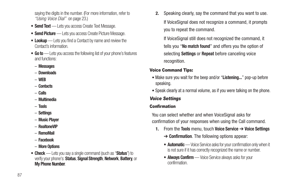 Voice command tips, Voice settings, Confirmation | Samsung SCH-R810ZKAXAR User Manual | Page 90 / 191