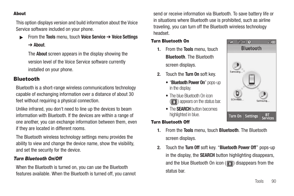 About, Bluetooth, Turn bluetooth on/off | Turn bluetooth on, Turn bluetooth off | Samsung SCH-R810ZKAXAR User Manual | Page 93 / 191