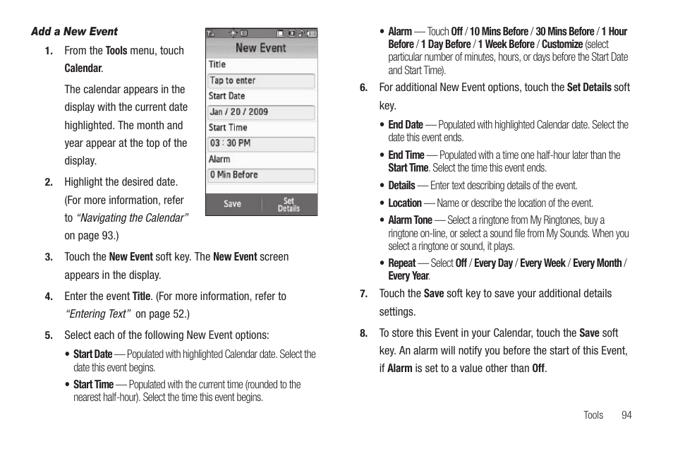 Add a new event | Samsung SCH-R810ZKAXAR User Manual | Page 97 / 191