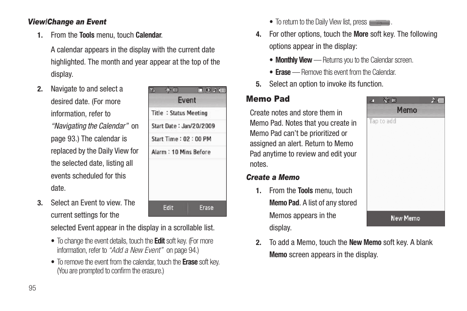 View/change an event, Memo pad, Create a memo | Samsung SCH-R810ZKAXAR User Manual | Page 98 / 191