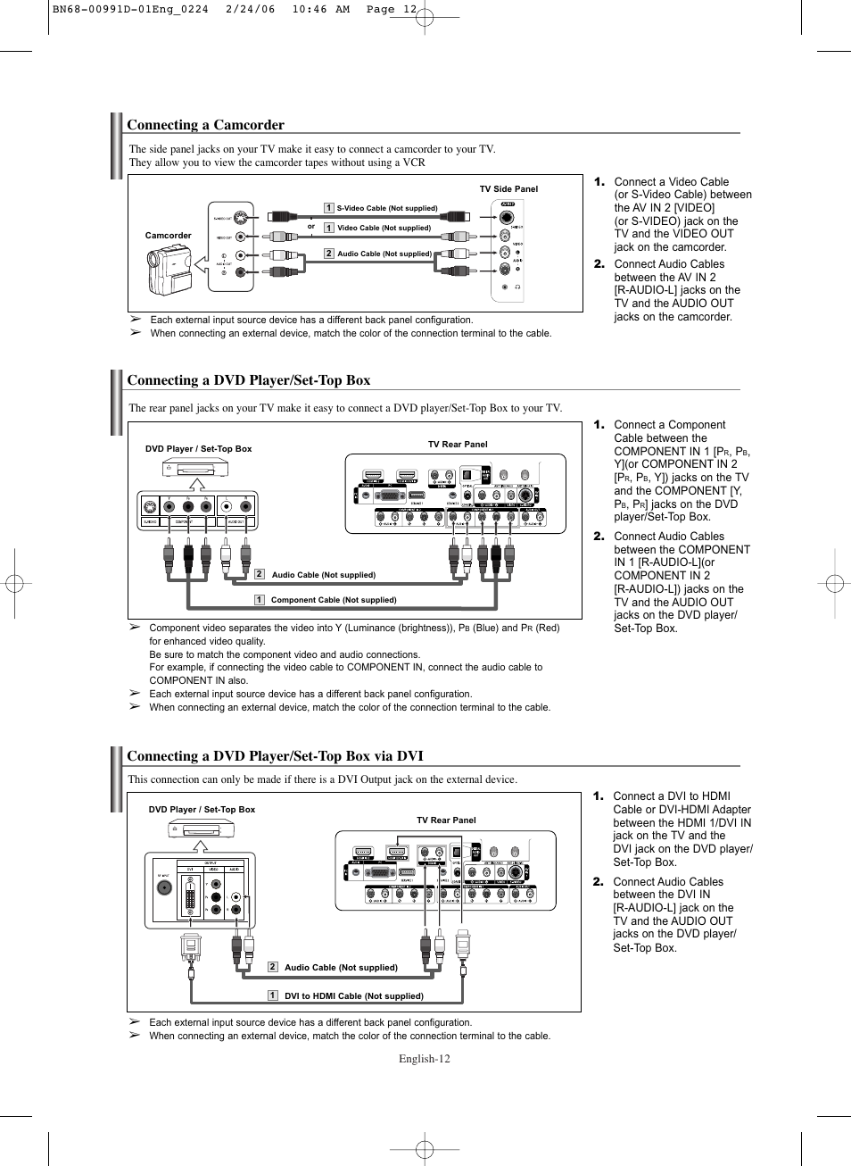 Connecting a camcorder, Connecting a dvd player/set-top box, Connecting a dvd player/set-top box via dvi | Samsung SPS4243X-XAA User Manual | Page 12 / 64