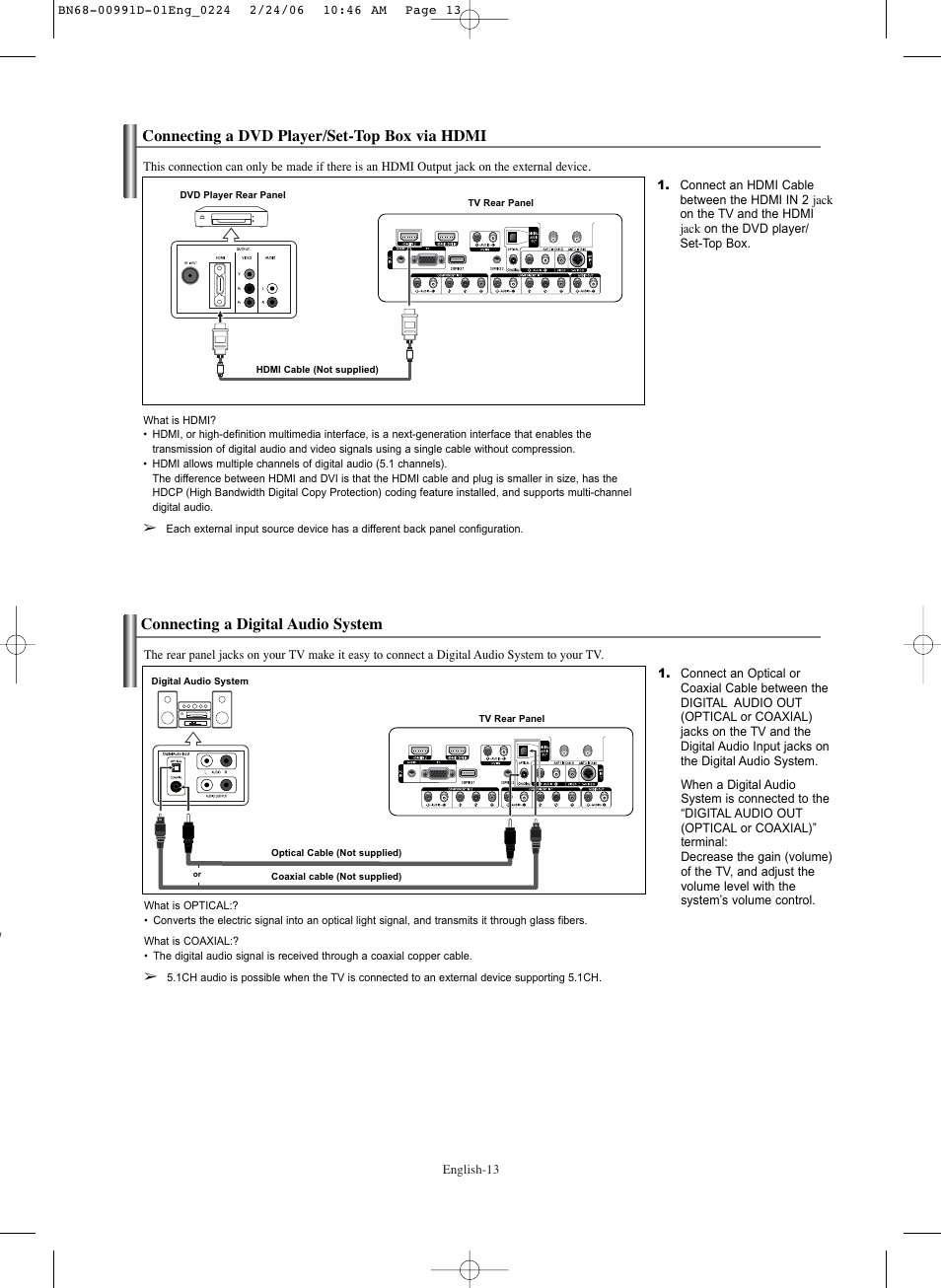 Connecting a dvd player/set-top box via hdmi, Connecting a digital audio system | Samsung SPS4243X-XAA User Manual | Page 13 / 64