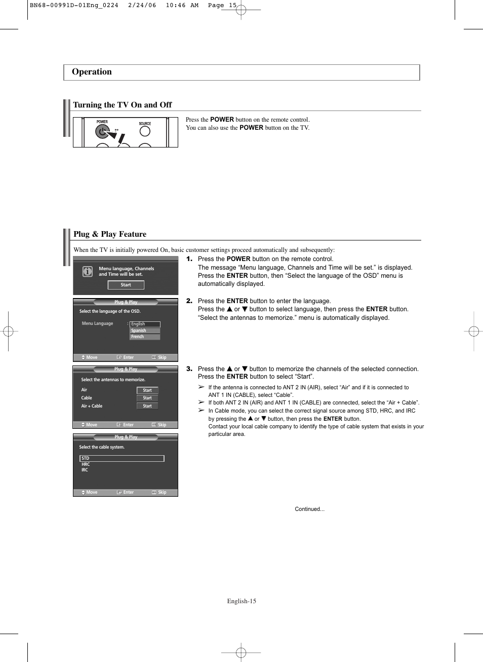 Operation, Turning the tv on and off, Plug & play feature | Samsung SPS4243X-XAA User Manual | Page 15 / 64