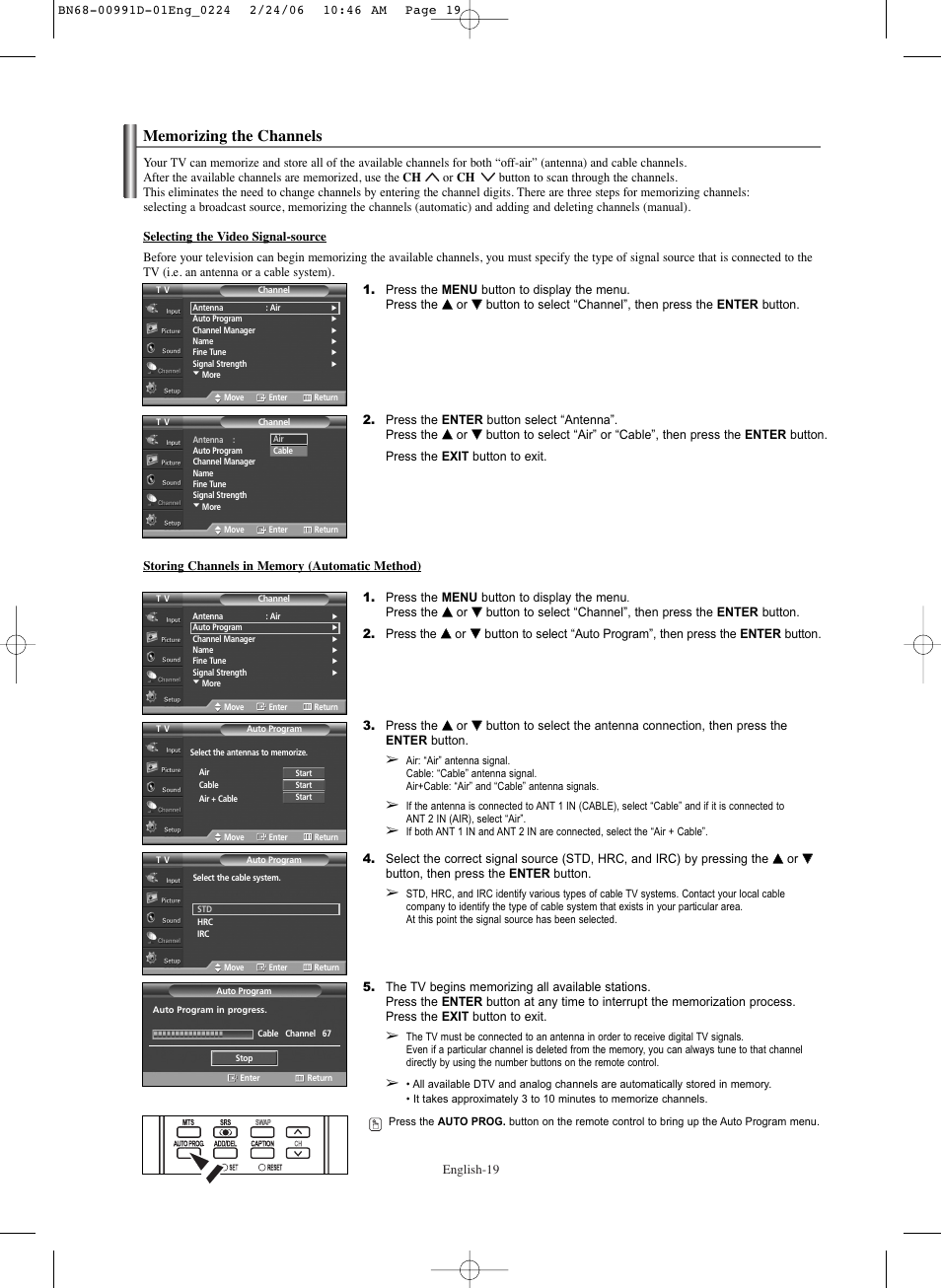 Memorizing the channels | Samsung SPS4243X-XAA User Manual | Page 19 / 64