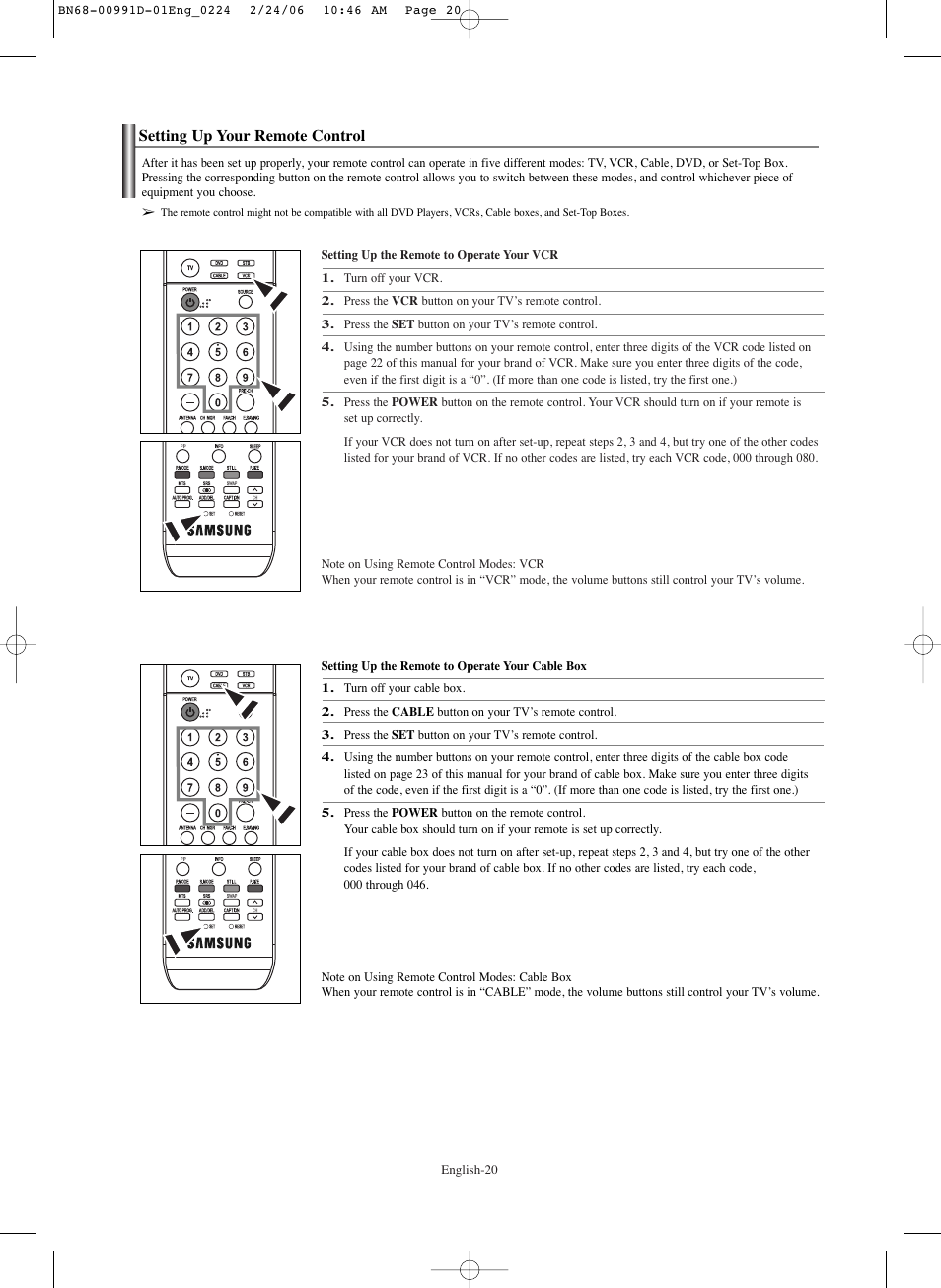 Setting up your remote control | Samsung SPS4243X-XAA User Manual | Page 20 / 64