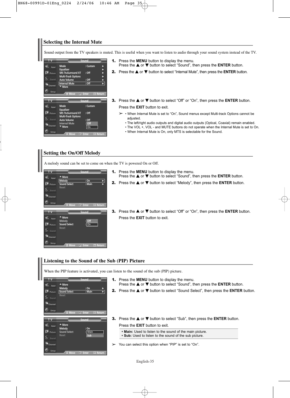 Selecting the internal mute, Setting the on/off melody, Listening to the sound of the sub(pip)picture | Listening to the sound of the sub (pip) picture | Samsung SPS4243X-XAA User Manual | Page 35 / 64