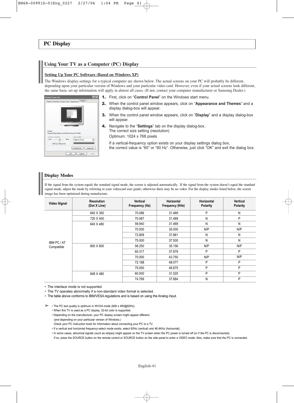Pc display, Using your tv as a computer(pc)display, Display modes | Using your tv as a computer (pc) display | Samsung SPS4243X-XAA User Manual | Page 41 / 64