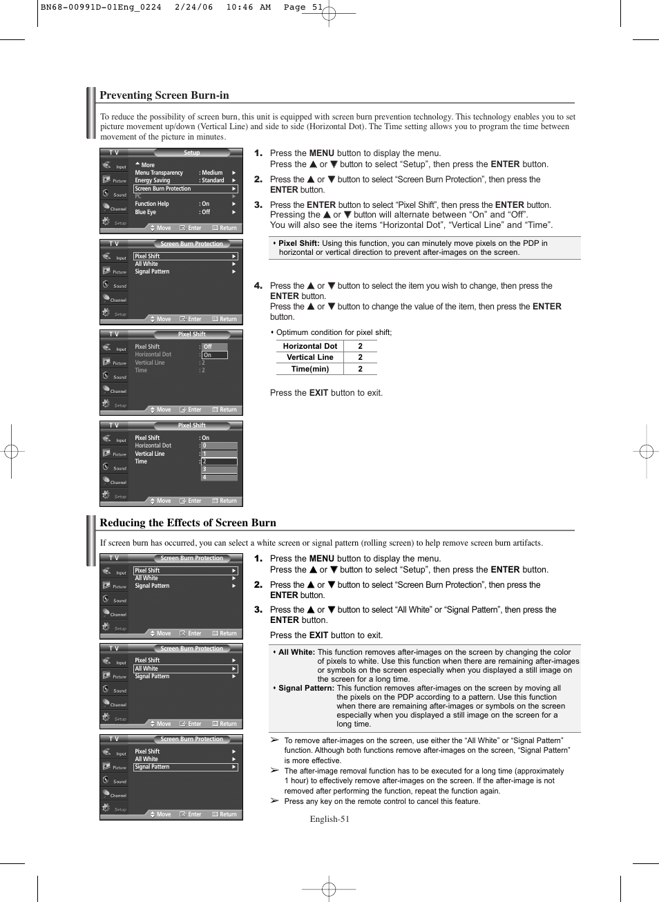 Preventing screen burn-in, Reducing the effects of screen burn | Samsung SPS4243X-XAA User Manual | Page 51 / 64