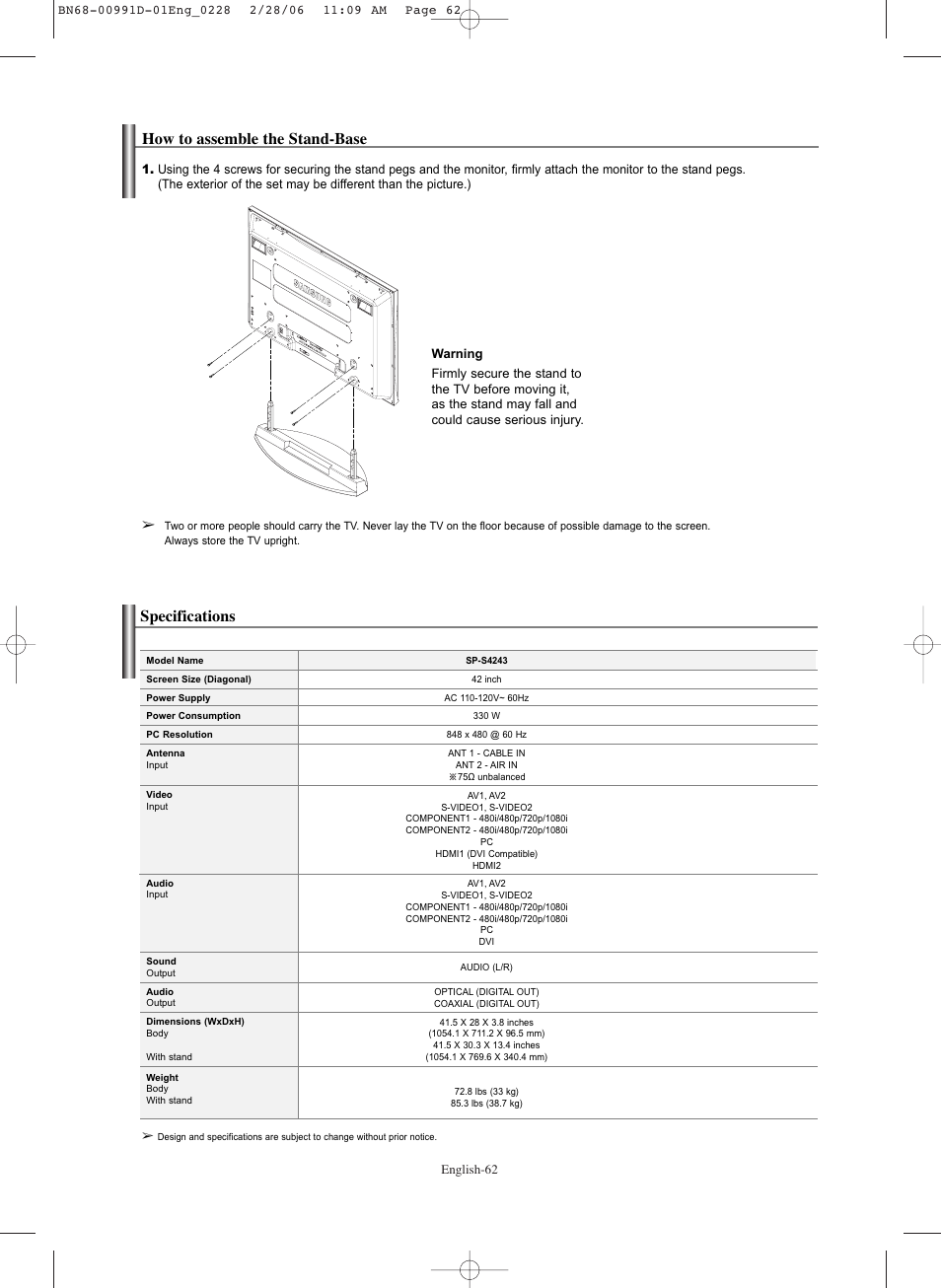 How to assemble the stand-base, Specifications | Samsung SPS4243X-XAA User Manual | Page 62 / 64