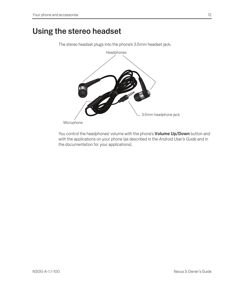 Using the stereo headset, Using the stereo headset 12 | Samsung SEG-I9020PWATT User Manual | Page 12 / 16