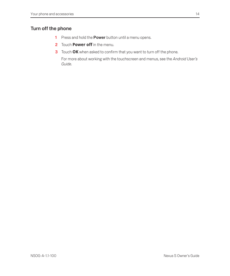 Turn off the phone, 2 touch power off in the menu, Turn off the phone 14 | Samsung SEG-I9020PWATT User Manual | Page 14 / 16