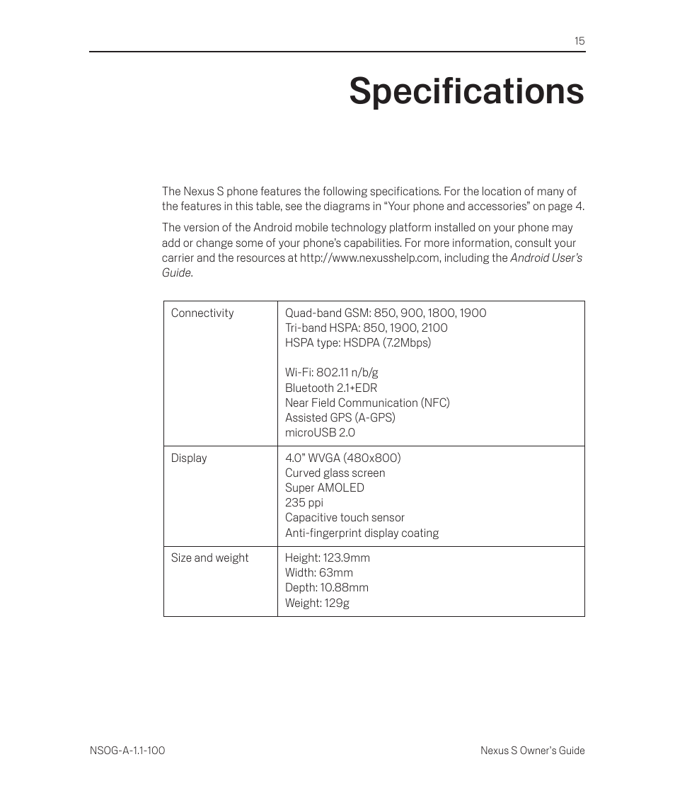 Specifications, Specifications 15 | Samsung SEG-I9020PWATT User Manual | Page 15 / 16