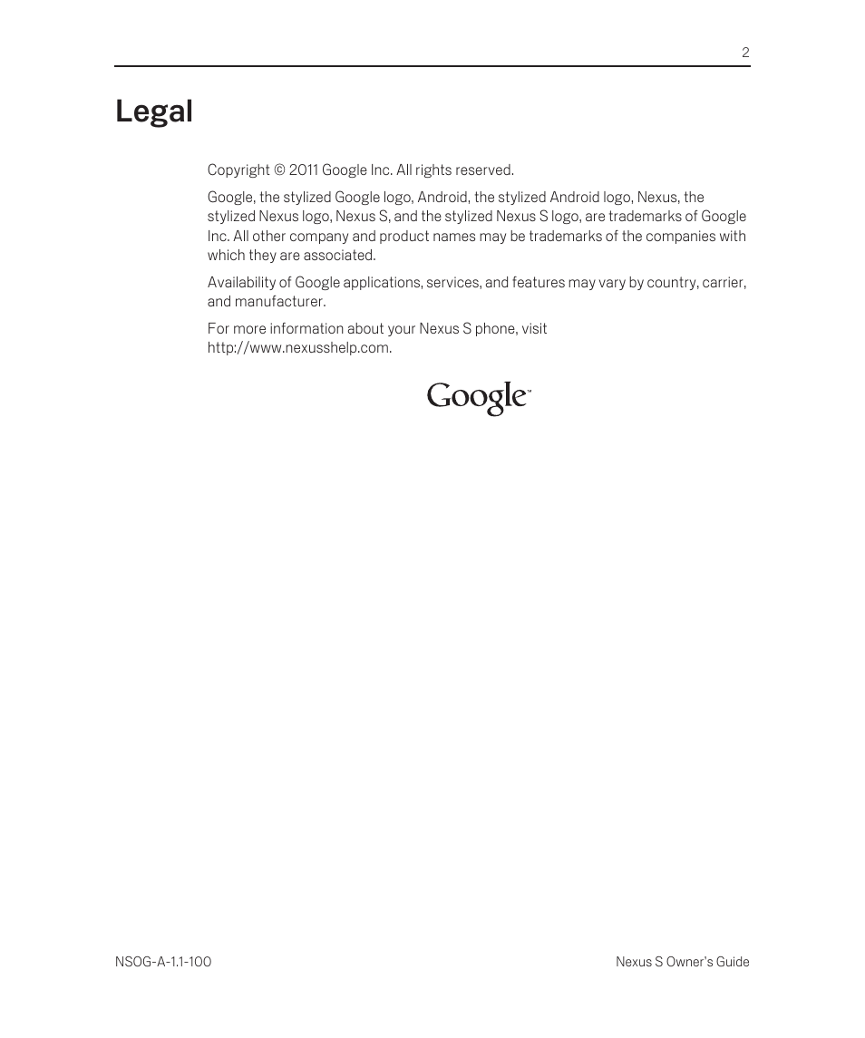 Legal | Samsung SEG-I9020PWATT User Manual | Page 2 / 16
