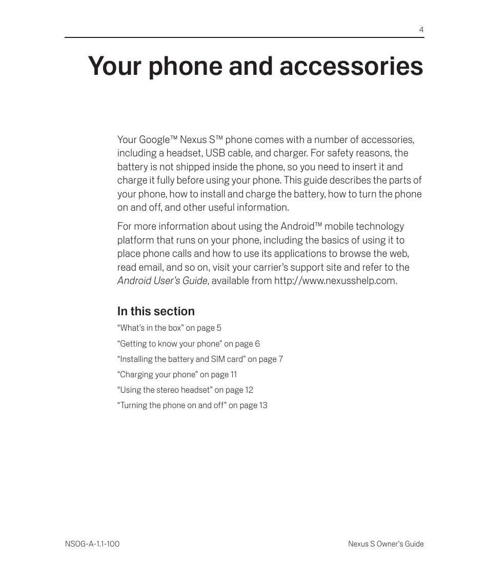 Your phone and accessories, In this section, Your phone and accessories 4 | Samsung SEG-I9020PWATT User Manual | Page 4 / 16