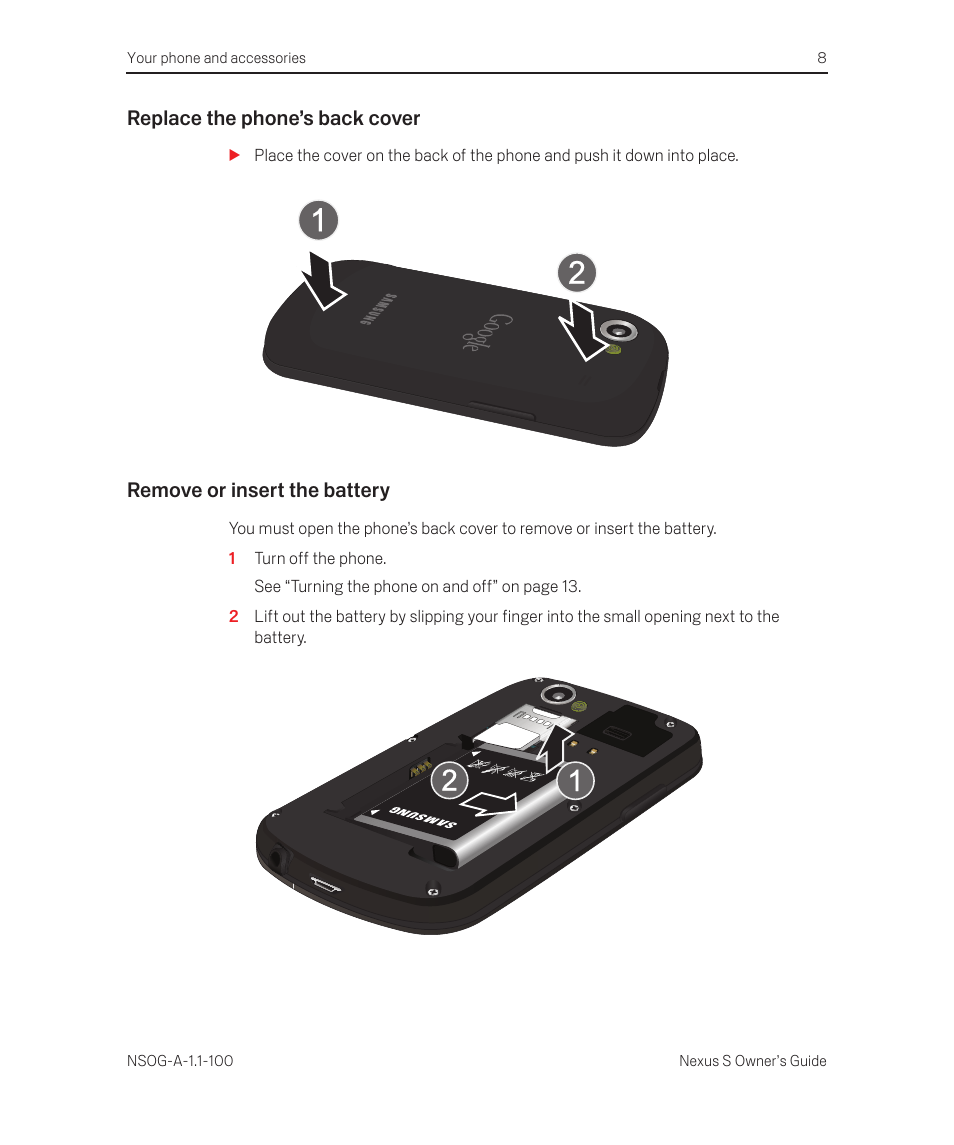 Replace the phone’s back cover, Remove or insert the battery, 1 turn off the phone | Samsung SEG-I9020PWATT User Manual | Page 8 / 16