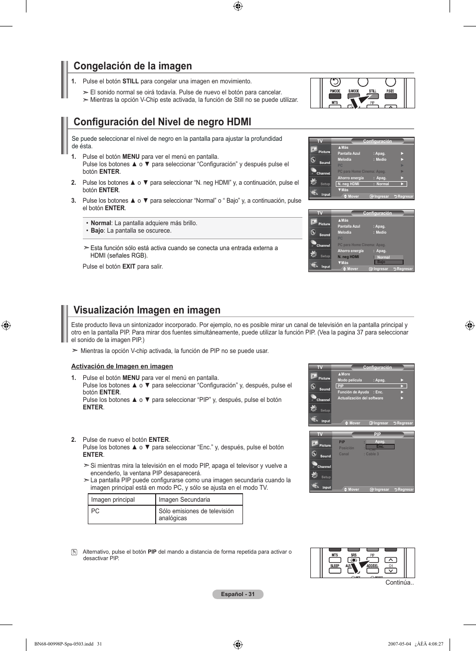 Congelación de la imagen, Configuración del nivel de negro hdmi, Visualización imagen en imagen | Samsung LNT325HAX-XAA User Manual | Page 102 / 140