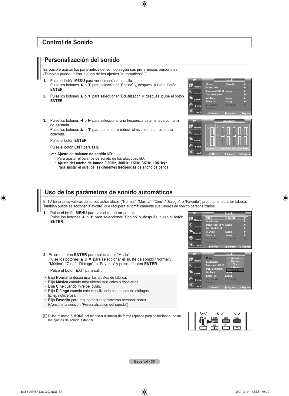 Personalización del sonido, Uso de los parámetros de sonido automáticos, Control de sonido | Samsung LNT325HAX-XAA User Manual | Page 104 / 140