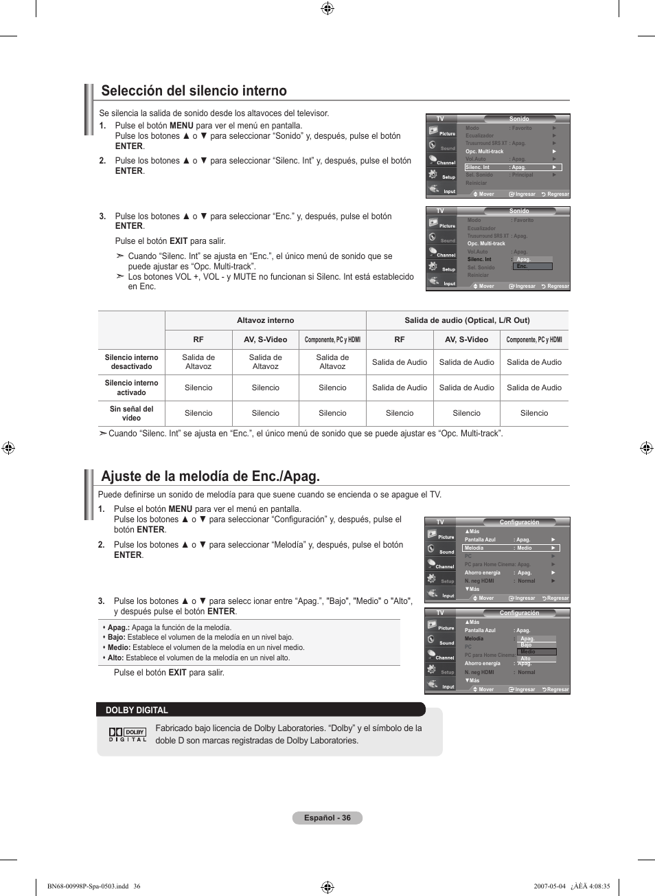 Selección del silencio interno, Ajuste de la melodía de enc./apag | Samsung LNT325HAX-XAA User Manual | Page 107 / 140