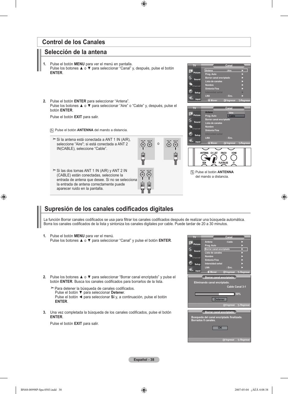 Control de los canales selección de la antena, Supresión de los canales codificados digitales | Samsung LNT325HAX-XAA User Manual | Page 109 / 140