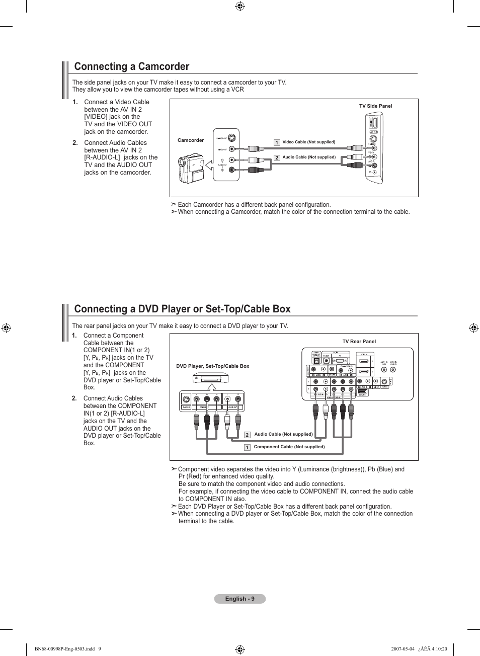 Connecting a camcorder, Connecting a dvd player or set-top/cable box | Samsung LNT325HAX-XAA User Manual | Page 11 / 140