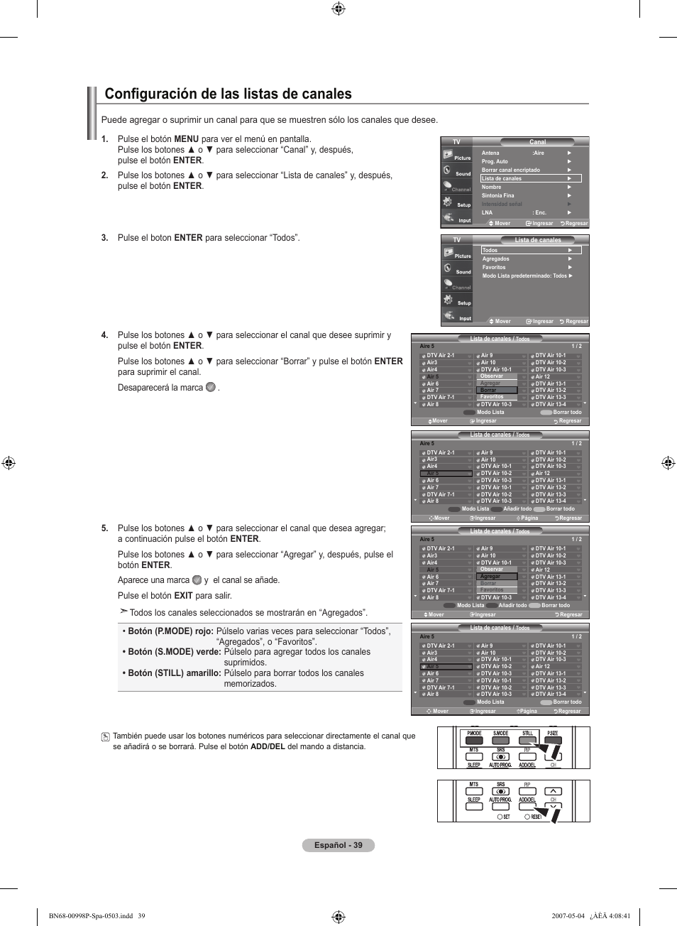 Configuración de las listas de canales | Samsung LNT325HAX-XAA User Manual | Page 110 / 140