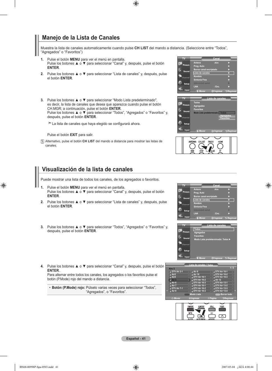 Manejo de la lista de canales, Visualización de la lista de canales | Samsung LNT325HAX-XAA User Manual | Page 112 / 140