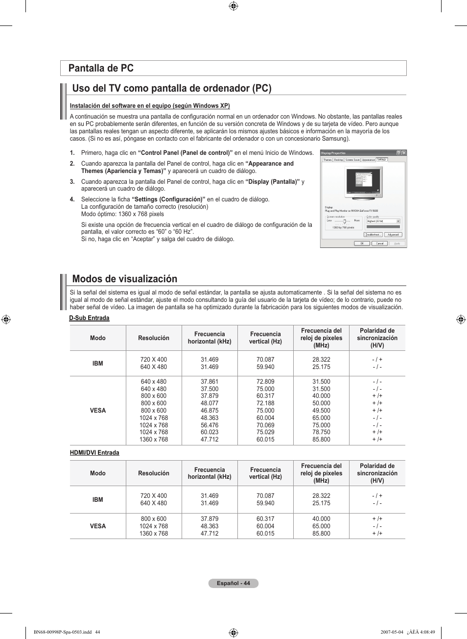 Uso del tv como pantalla de ordenador (pc), Pantalla de pc modos de visualización | Samsung LNT325HAX-XAA User Manual | Page 115 / 140
