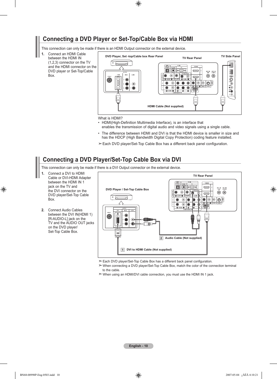 Connecting a dvd player/set-top cable box via dvi | Samsung LNT325HAX-XAA User Manual | Page 12 / 140