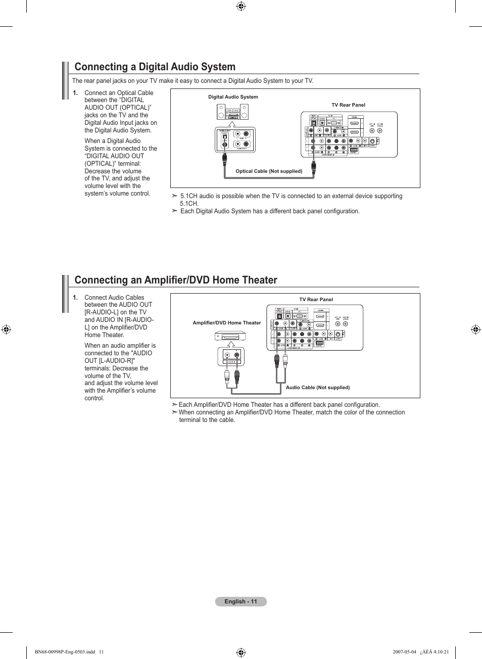 Connecting a digital audio system, Connecting an amplifier/dvd home theater | Samsung LNT325HAX-XAA User Manual | Page 13 / 140