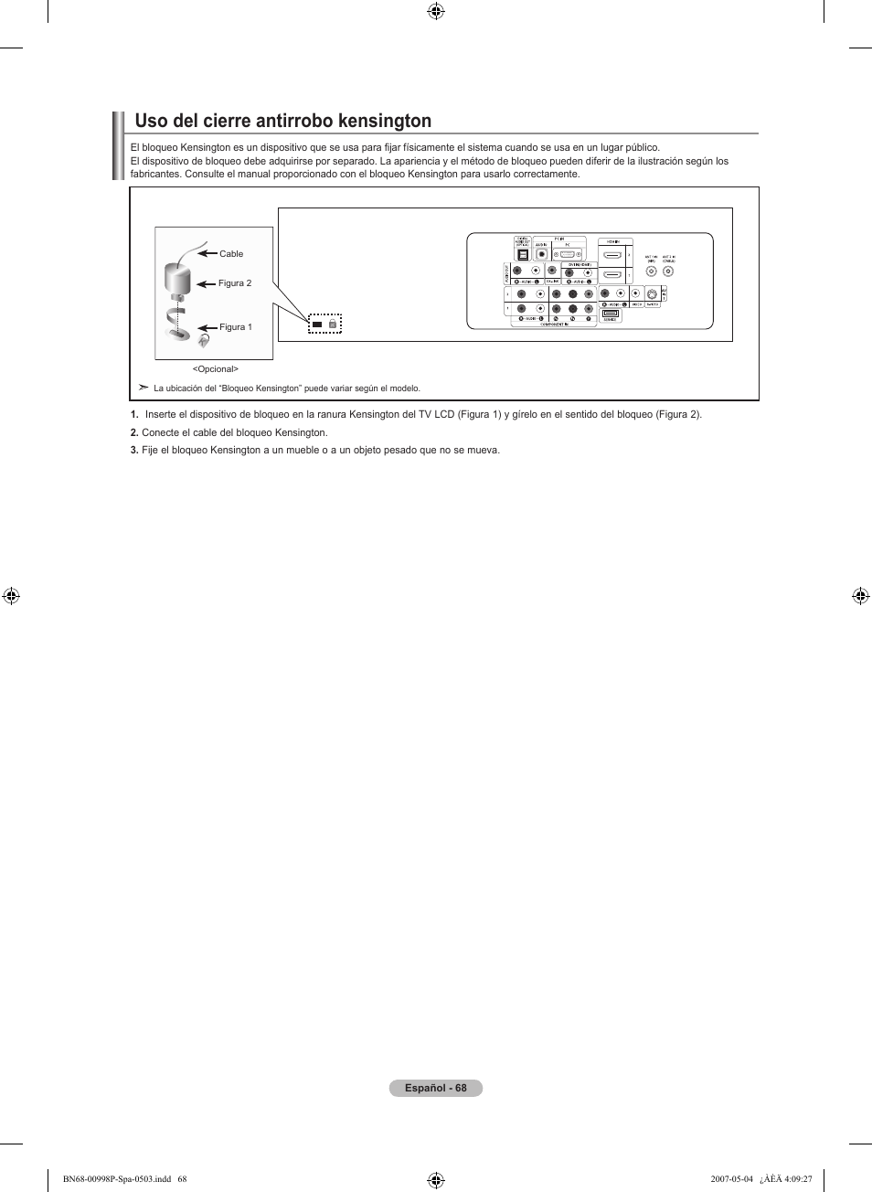 Uso del cierre antirrobo kensington | Samsung LNT325HAX-XAA User Manual | Page 139 / 140