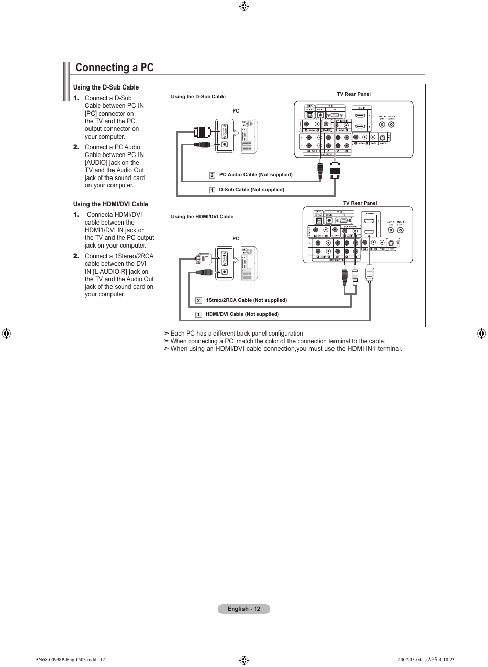 Connecting a pc | Samsung LNT325HAX-XAA User Manual | Page 14 / 140