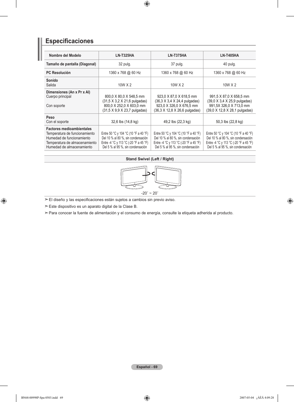 Especificaciones | Samsung LNT325HAX-XAA User Manual | Page 140 / 140