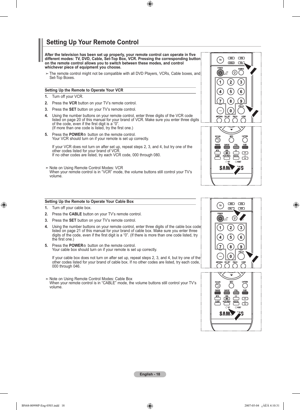 Setting up your remote control | Samsung LNT325HAX-XAA User Manual | Page 20 / 140