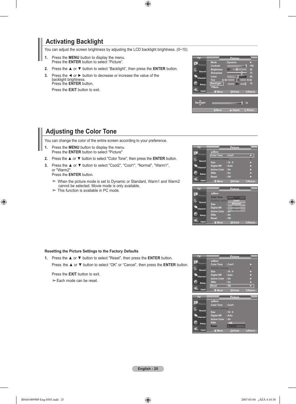 Activating backlight, Adjusting the color tone | Samsung LNT325HAX-XAA User Manual | Page 27 / 140