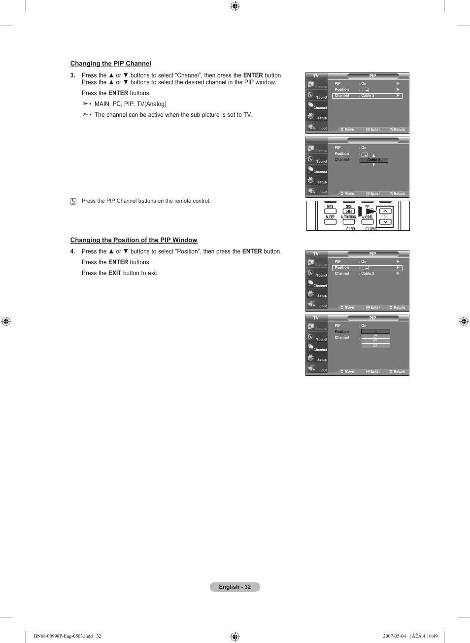 Changing the position of the pip window | Samsung LNT325HAX-XAA User Manual | Page 34 / 140