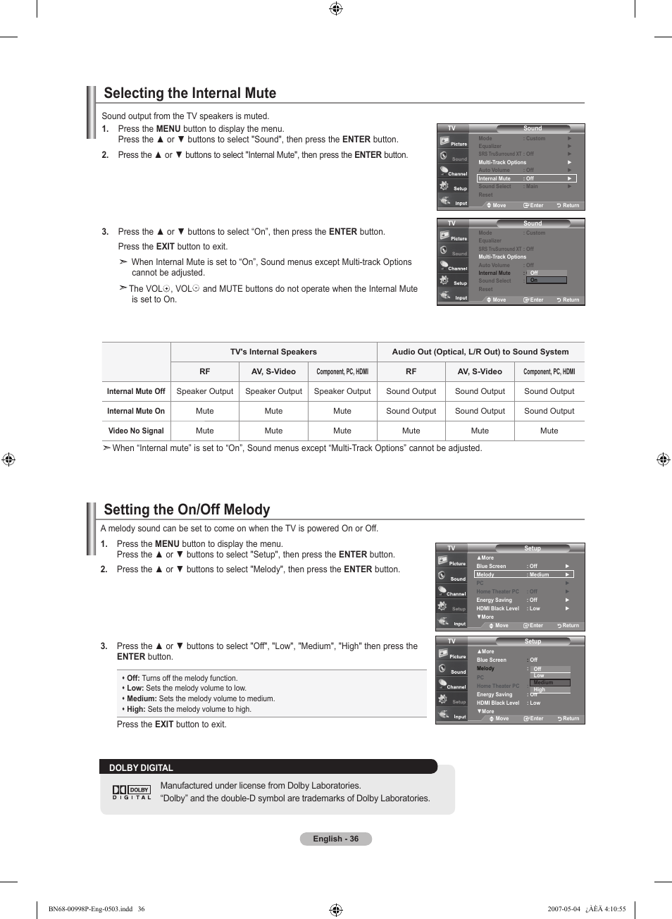 Selecting the internal mute, Setting the on/off melody | Samsung LNT325HAX-XAA User Manual | Page 38 / 140