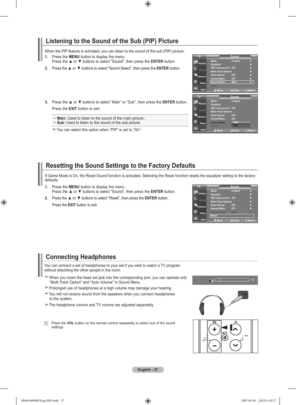 Listening to the sound of the sub (pip) picture, Connecting headphones | Samsung LNT325HAX-XAA User Manual | Page 39 / 140