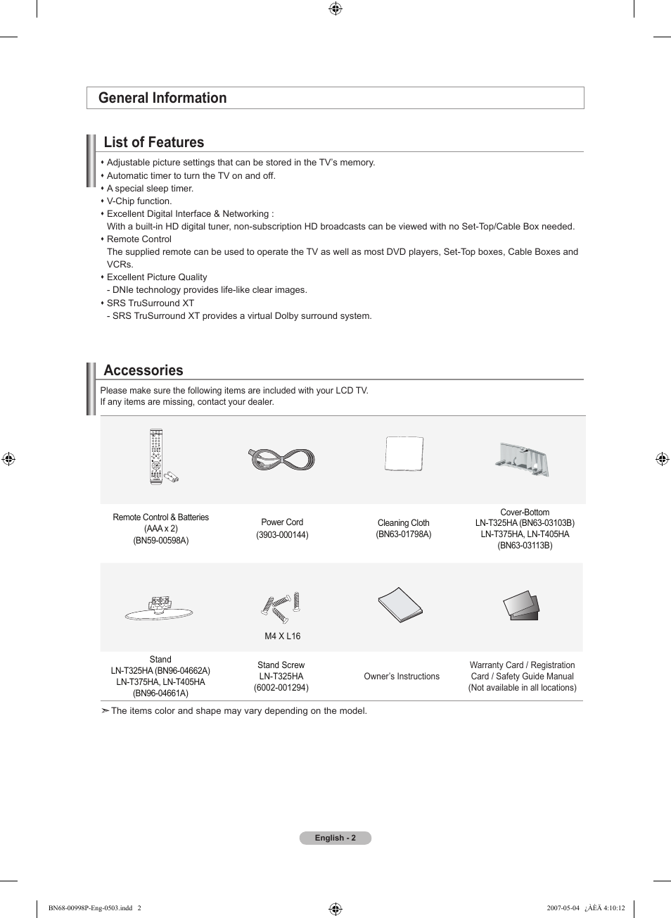 General information, List of features, Accessories | General information list of features | Samsung LNT325HAX-XAA User Manual | Page 4 / 140