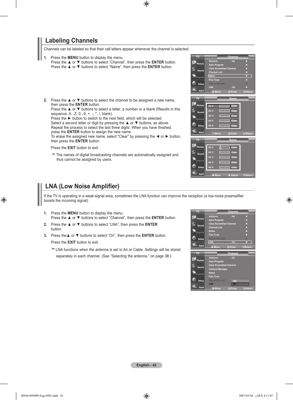 Labeling channels, Lna (low noise amplifier) | Samsung LNT325HAX-XAA User Manual | Page 44 / 140